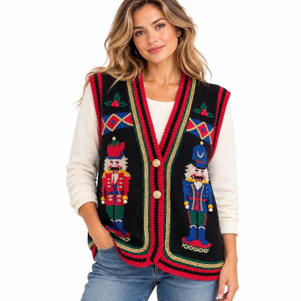 Vintage 90s PBJ Sport Nutcracker Christmas Sweater Vest Size M Holiday Kitschy